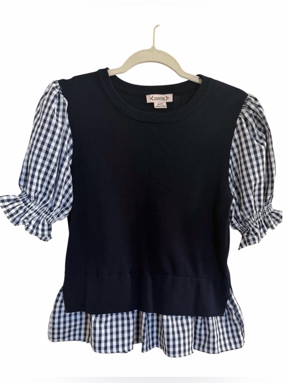 Nanette Lepore Navy Knit Top with Gingham Puff Sleeves
